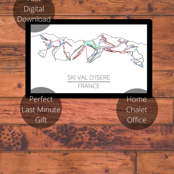 Carte des pistes de ski de Val D'Isère France | Art mural imprimable prêt pour le téléchargement numérique instantané | Art de la carte des sentiers et impression des stations de ski de Val D'Isère