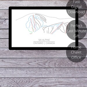 May include: A framed black and white ski resort map with colourful ski runs. The text "SKI ALPINE ONTARIO | CANADA" is at the bottom. Additional text on the right side says "Fast Digital Download", "Perfect Last Minute Gift", and "Home Chalet Office".