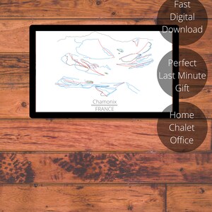 May include: A digital download of a line art map of the ski resort in Chamonix, France. The map shows the ski runs and lifts. The text "Chamonix FRANCE" is at the bottom of the map.