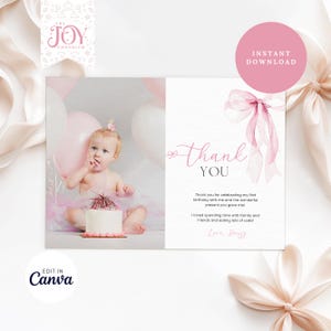 Pink Bow Thank You Card Template | Editable Printable Thank You Note | Girl Birthday Card | Digital Download | Pink Bow Photo Thank You Card