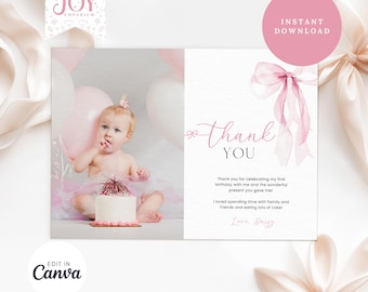 Plantilla de tarjeta de agradecimiento con lazo rosa / Nota de agradecimiento imprimible y editable / Tarjeta de cumpleaños para niña / Descarga digital / Tarjeta de agradecimiento con foto y lazo rosa