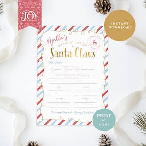 Carta a Papá Noel editable / Carta navideña azul personalizada / Carta a Papá Noel imprimible / Tradiciones navideñas / Descarga digital instantánea