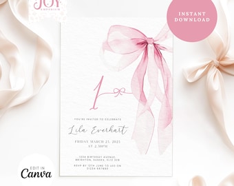 Pink Bow 1st Birthday Invitation | Coquette Pink Bow Birthday Invitation | 1st Birthday Girl Invite | Customizable | Printable Template