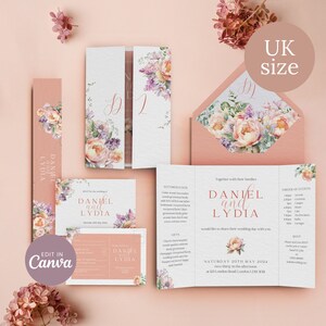 Pfirsich Floral Luxus Hochzeitseinladung Vorlagen - Pfingstrose Torfalter lädt mit Umschlägen, Liner, Antwortkarten, Bauchbänder ein - UK Größe - Canva