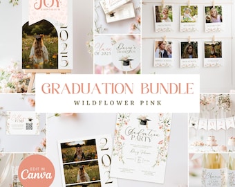 Puede incluir: Un paquete de imprimibles para una fiesta de graduación en un esquema de color rosa y verde con un diseño floral. El paquete incluye una variedad de artículos, como invitaciones, pancartas, letreros y tarjetas de fotos. El texto "Graduation Bundle Wildflower Pink" aparece en la imagen.