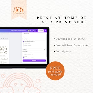 May include: A laptop screen displaying a digital download page for a printable baby shower invitation. The invitation features a pink and white color scheme with the text "Baby is on the way" and a floral design. The download page includes options for file type, color profile, and preferences. The text "Print at home or at a print shop" is displayed above the laptop screen. The text "Free print guide included" is displayed below the laptop screen.