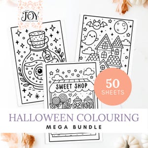 Puede incluir: Un mega paquete de colorear de Halloween con 50 hojas de arte lineal en blanco y negro. Las ilustraciones incluyen una botella de poción, una casa embrujada y una tienda de dulces. Se muestra el texto "Halloween Colouring Mega Bundle".