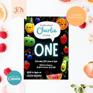 Plantilla de invitación de cumpleaños con frutas danzantes / Descarga instantánea / Primer cumpleaños de bebé / Cumpleaños de Hey Bear / Fiesta de cumpleaños infantil / Canva