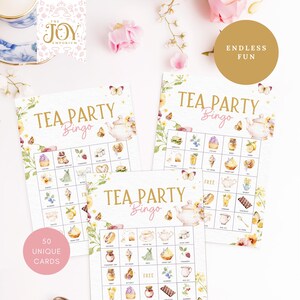May include: Three printable tea party bingo cards with floral borders and watercolor illustrations of teacups, teapots, and other tea party treats. The cards are labeled "Tea Party Bingo" and include the text "50 Unique Cards".