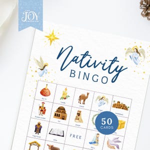 Kerstbingospel | 50 afdrukbare kaarten | Kerststalbingokaarten | Kerstfeestjes | Afdrukbare game voor kinderen | Leuke gezinsactiviteit
