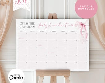 Placa de data prevista para o chá de bebê com laço rosa | Placa de chá de bebê | Decoração para chá de bebê para impressão | Adivinhe a data prevista para o chá de bebê com laço rosa