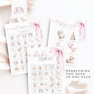May include: A set of printable baby shower bingo cards with a pink and gold color scheme. The cards feature illustrations of baby items such as a rubber duck, a teddy bear, a rattle, and a baby bottle. The text on the cards reads "baby bingo" and "everything you need in one pack".