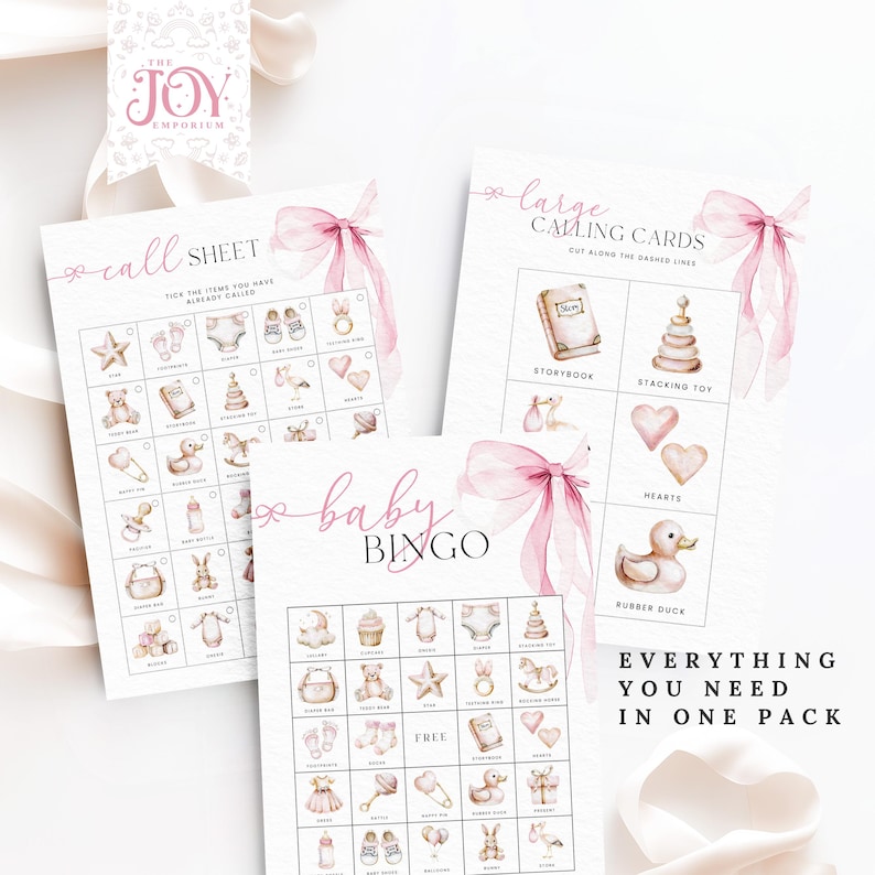 May include: A set of printable baby shower bingo cards with a pink and gold color scheme. The cards feature illustrations of baby items such as a rubber duck, a teddy bear, a rattle, and a baby bottle. The text on the cards reads "baby bingo" and "everything you need in one pack".