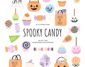 May include: A collection of Halloween-themed illustrations featuring candy, cupcakes, and jack-o'-lanterns. The phrase "Spooky Candy" is displayed, along with "Trick or Treat" on treat bags. The image includes a variety of sweets and treats.