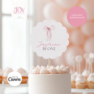Custom Pink Bow Cake Topper | First Birthday Decoration | Personalized Name Topper | Cake Smash Decor | Personalized Pink Bow Cake Topper