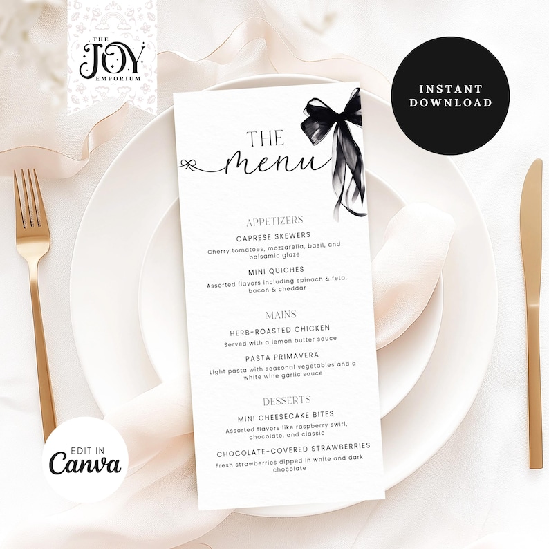 Black Bow Menu Template | Elegant Printable Menu Card for Bridal Shower ...