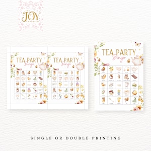 May include: Two printable tea party bingo cards with a floral design. The cards feature images of teacups, teapots, sandwiches, and other tea party treats. The text "TEA PARTY Bingo" is printed in pink and gold on each card.
