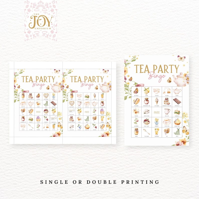 May include: Two printable tea party bingo cards with a floral design. The cards feature images of teacups, teapots, sandwiches, and other tea party treats. The text "TEA PARTY Bingo" is printed in pink and gold on each card.
