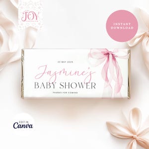 May include: A printable baby shower chocolate bar wrapper with a pink watercolour bow and the text "23 May 2025 Jasmine's Baby Shower Thanks for coming."