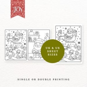 May include: Black and white illustrations of Santa Claus and festive scenes. The image includes Santa in a sleigh, wrapping gifts, and with reindeer. Text on a green circle reads "UK & US SHEET SIZES". The text "SINGLE OR DOUBLE PRINTING" is at the bottom.