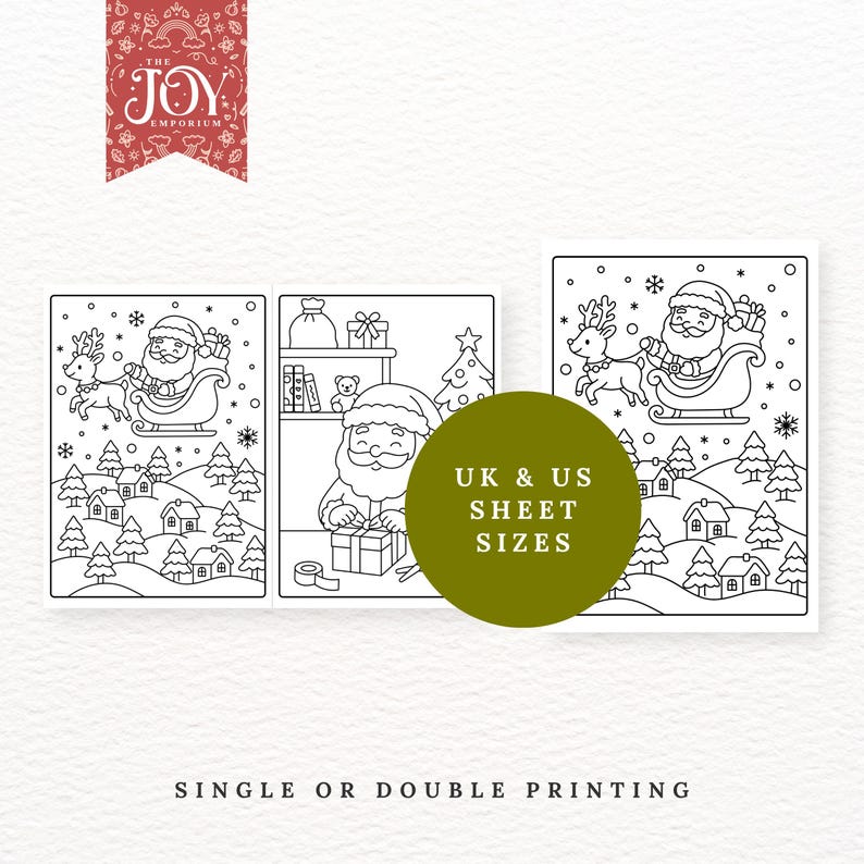 May include: Black and white illustrations of Santa Claus and festive scenes. The image includes Santa in a sleigh, wrapping gifts, and with reindeer. Text on a green circle reads "UK & US SHEET SIZES". The text "SINGLE OR DOUBLE PRINTING" is at the bottom.