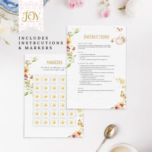 May include: A printable bingo card game with floral illustrations. The card has 36 squares with yellow circles in the center. The instructions include the aim of the game, set up, and how to play. The instructions also include a list of winning patterns, such as "Full Card", "Four Corners", and "Diagonal".