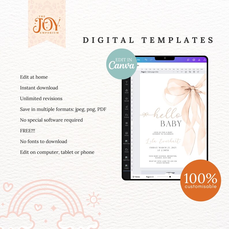 May include: A digital template for a baby shower invitation. The invitation features a watercolor illustration of a pink bow with the text "hello baby" in gold script. The text "Lila Everhart" is in a black sans-serif font. The invitation is customizable and can be edited in Canva.