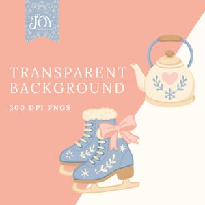 Watercolor Cozy Winter Clipart showing a cream teapot with a heart motif and blue ice skates with floral details and pink bows. Christmas PNGs with transparent background for winter crafts and digital designs.