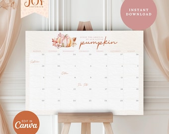 May include: A printable calendar with a watercolour illustration of a pumpkin and leaves. The calendar is titled "Guess the arrival of our little pumpkin". The calendar is for September and October.