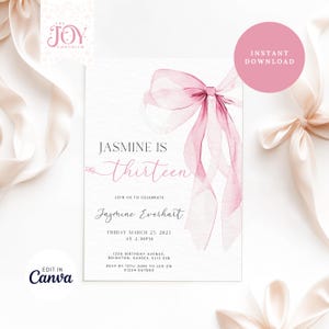 Tween Pink Bow 13th Birthday | Coquette 13th Birthday Invitation | Pink Bow Template | Editable Digital Invite | Trendy Girl Birthday Party