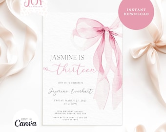 Invitación de cumpleaños número 13 para preadolescentes con lazo rosa / Invitación de cumpleaños número 13 para coquetas / Plantilla de lazo rosa / Invitación digital editable / Fiesta de cumpleaños para niñas a la moda