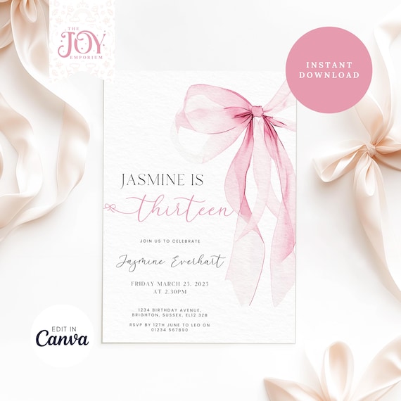 Tween Pink Bow 13th Birthday | Coquette 13th Birthday Invitation | Pink Bow Template | Editable Digital Invite | Trendy Girl Birthday Party
