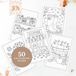 Printable autumn coloring pages showing jam jars on a shelf, a coffee shop decorated for fall, rain boots in leaves, and a basket of apples. This bundle includes 50 cozy fall coloring sheets, great for kids, classrooms, or relaxing adult coloring sessions during autumn.