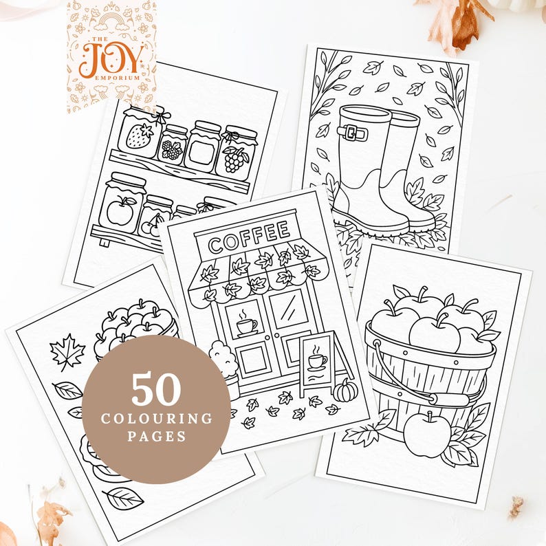 Printable autumn coloring pages showing jam jars on a shelf, a coffee shop decorated for fall, rain boots in leaves, and a basket of apples. This bundle includes 50 cozy fall coloring sheets, great for kids, classrooms, or relaxing adult coloring sessions during autumn.