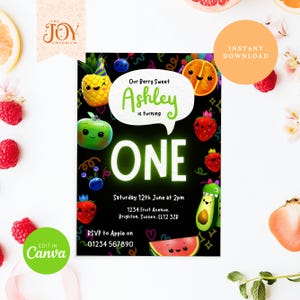 Uitnodiging dansend fruitfeest | Digitale verjaardagsuitnodiging Hey Bear | Verjaardagsfeestje voor kinderen | Aangepast digitaal bestand | Direct downloaden