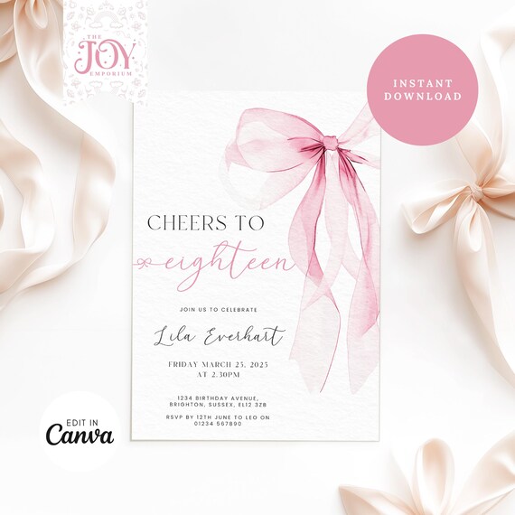 Pink Bow 18th Birthday Invite | Customizable Digital Template | Perfect for Girls | Trendy Coquette Style | 18th Birthday Template | Canva