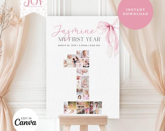 Puede incluir: Un póster de primer cumpleaños imprimible con un lazo de acuarela rosa y el texto "Jasmine My First Year" con la fecha 25 de marzo de 2025, 9:00 AM y 8 lbs 2 oz. El póster presenta un collage de fotos en forma del número uno.
