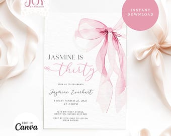 Pink Bow Birthday Invitation Template | Editable Pink Bow 30th Birthday Invitation | Coquette Pink Bow 30th Birthday Invitation | Digital