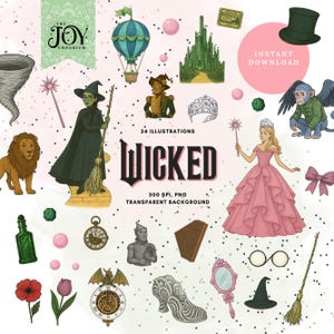 May include: A digital illustration featuring characters and elements from the Wizard of Oz, including the Wicked Witch, Dorothy, the Tin Man, and the Emerald City. The text "WICKED" is prominently displayed, along with "34 ILLUSTRATIONS".