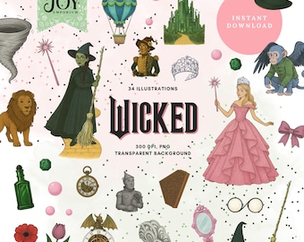 Wicked Clip Art-set: Elphaba, Glinda, Emerald City (digital nedladdning)