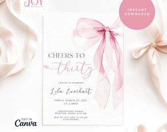 Pink Coquette Bow 30er Einladung | Bearbeitbar Dreißigster Geburtstag Party Einladen | DIY Digitales Pink Ribbon | Prost auf Dreißig einladen