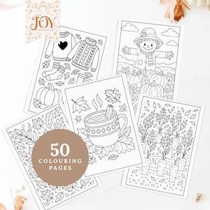 Collection of fall-themed coloring sheets showing cozy sweaters, a cheerful scarecrow in a pumpkin field, and mugs of hot drinks surrounded by leaves. This printable autumn coloring book includes 50 pages perfect for kids’ activities, classroom use, and cozy fall crafts at home.