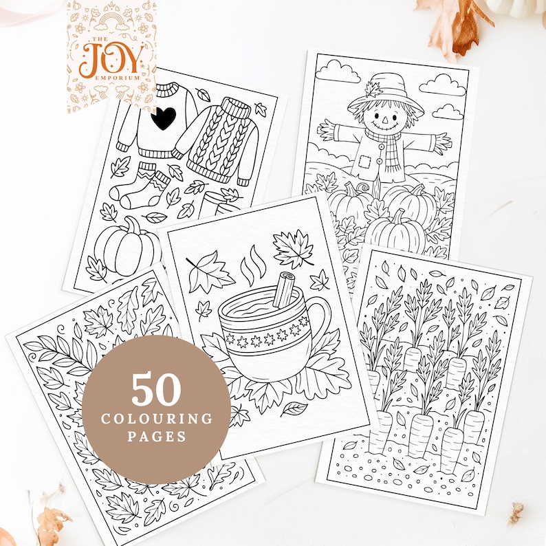 Collection of fall-themed coloring sheets showing cozy sweaters, a cheerful scarecrow in a pumpkin field, and mugs of hot drinks surrounded by leaves. This printable autumn coloring book includes 50 pages perfect for kids’ activities, classroom use, and cozy fall crafts at home.