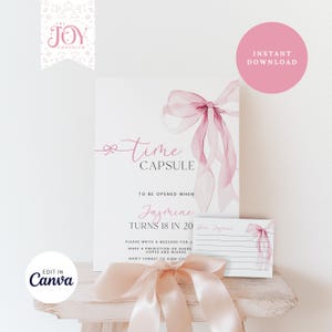 Pink Schleife Geburtstag Zeitkapsel | Bearbeitbare Vorlage zum 1 Geburtstag | Kokette Mädchenparty | Sofortdownload | Druckbare Mädchen-Party-Dekor