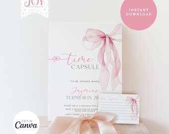 May include: A pink and white time capsule sign with a pink ribbon bow. The sign says "Time Capsule" and "To be opened when Jasmine turns 18 in 20". There is a smaller card with lines for writing messages.