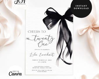 21st Birthday Invitation Template | Cheers to 21 Years | Coquette Black Bow Invitation | Instant Download | Perfect for Parties