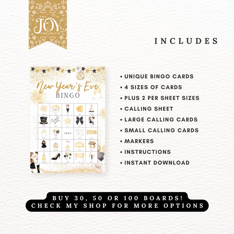50 New Years Bingo Cards, Fun Printable Game for New Year Party ...