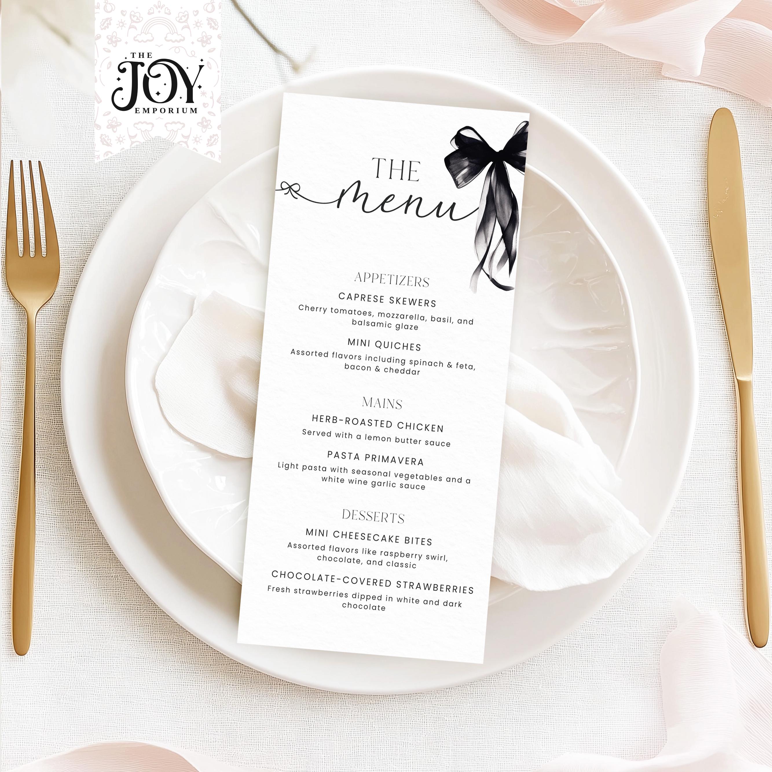 Black Bow Menu Template | Elegant Printable Menu Card for Bridal Shower ...