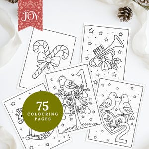 A festive preview image featuring five Christmas colouring pages, including candy canes with a bow, a trumpet with holly, a rocking horse, and the first two “12 Days of Christmas” sheets showing a partridge in a pear tree and two turtle doves. A green badge reads “75 Colouring Pages,” with pinecones and ribbon framing the holiday-themed layout.