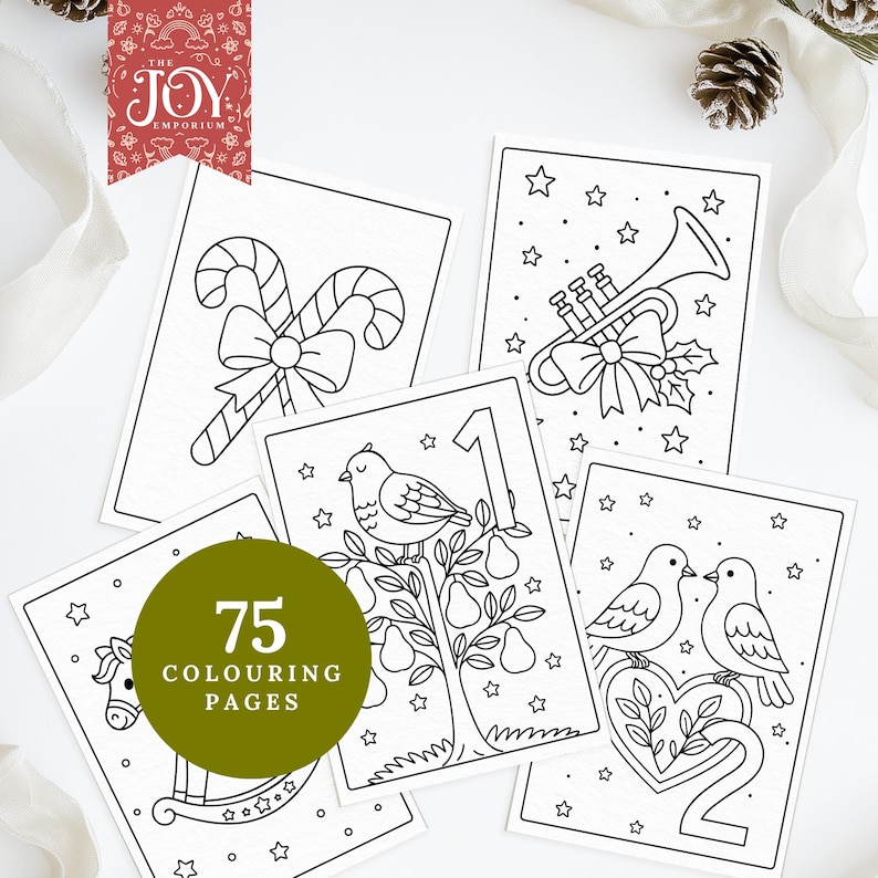 A festive preview image featuring five Christmas colouring pages, including candy canes with a bow, a trumpet with holly, a rocking horse, and the first two “12 Days of Christmas” sheets showing a partridge in a pear tree and two turtle doves. A green badge reads “75 Colouring Pages,” with pinecones and ribbon framing the holiday-themed layout.